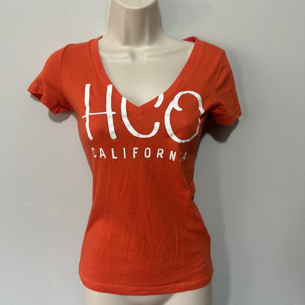 Hollister Shirt Womens XS Orange Logo Graphic Plunging V-Neck Retro Y2K Coquette